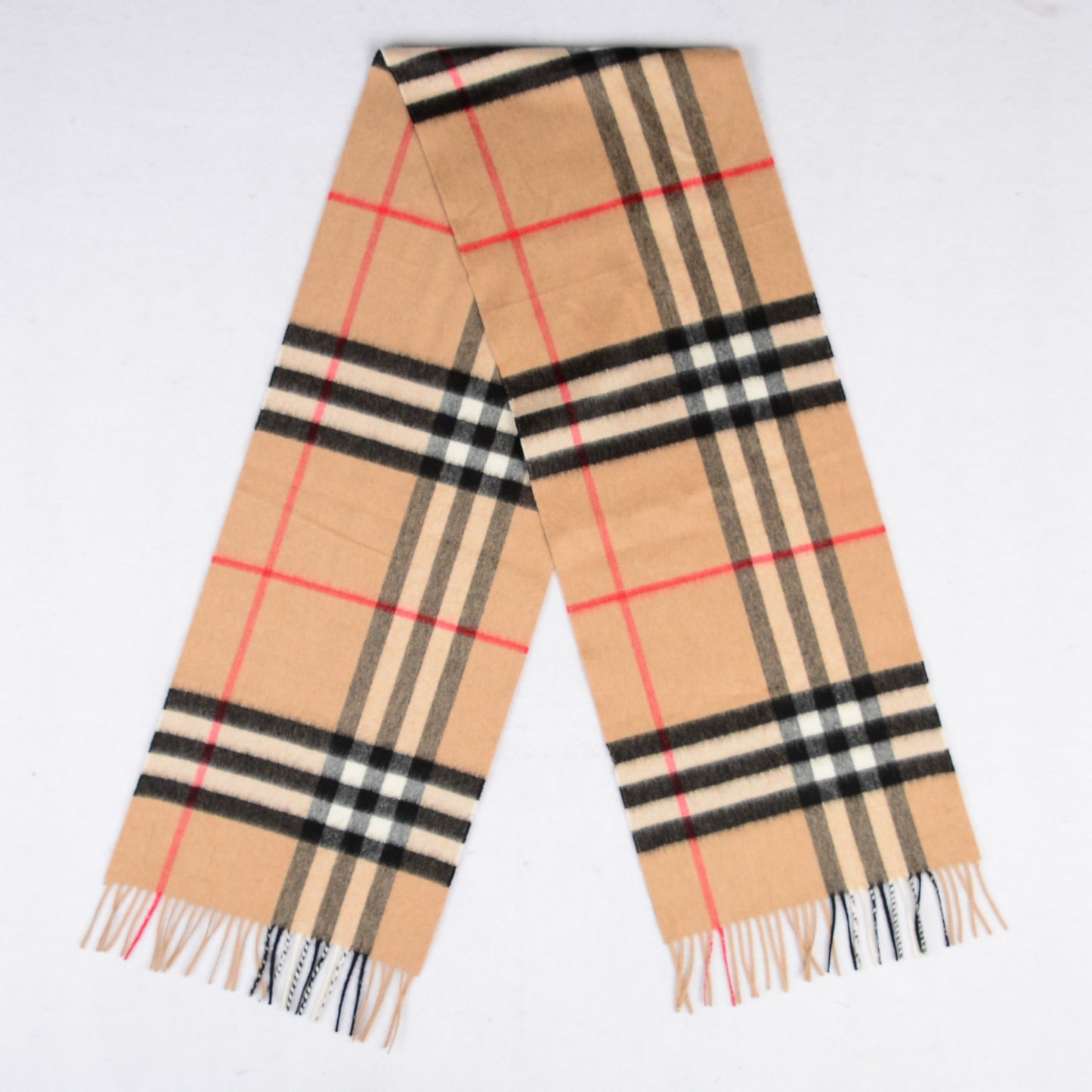 Cashmere Giant Heritage Check Fringe Scarf Camel