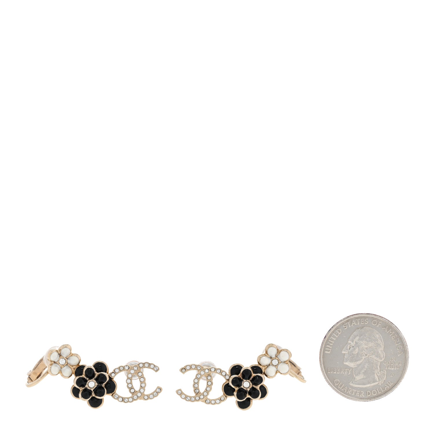 Chanel Crystal Enamel Flower CC Earrings Gold White Black 2 of 6