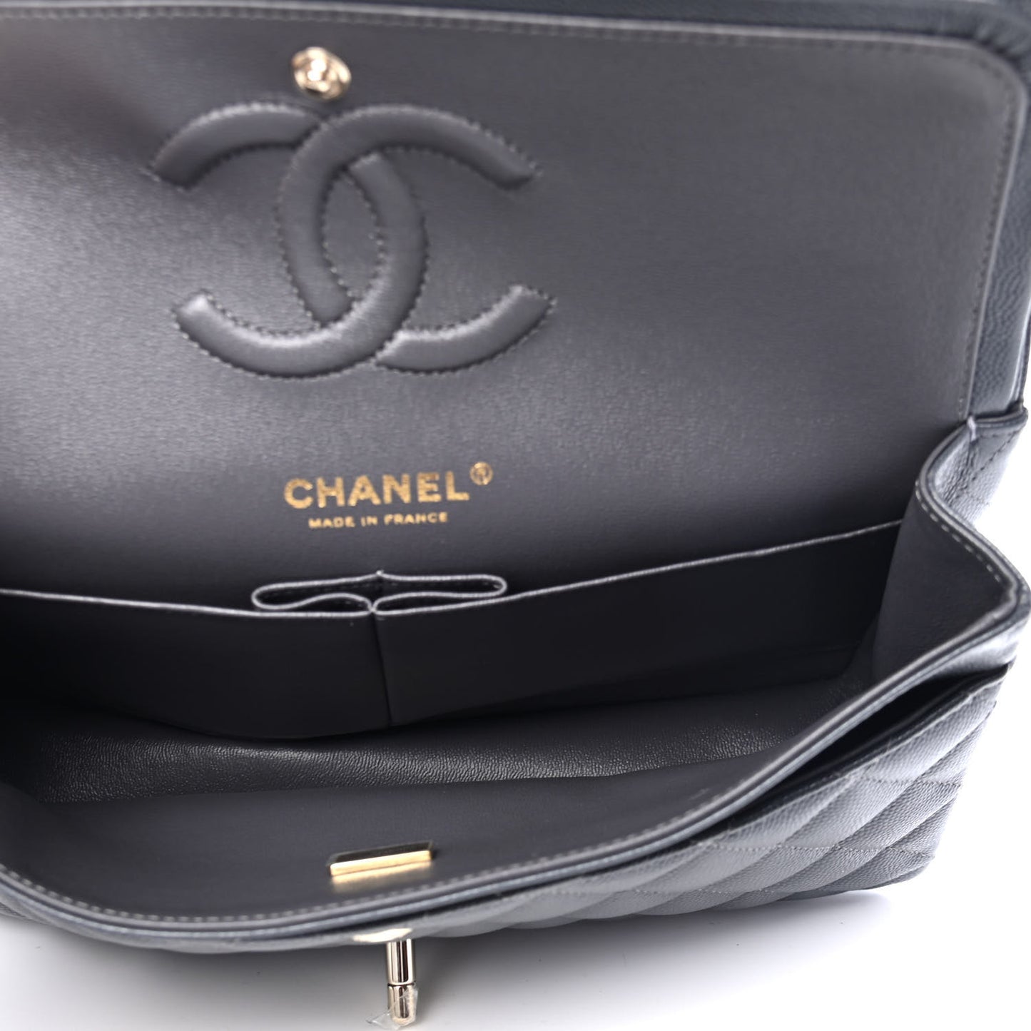 Caviar Quilted Medium Double Flap Dark Grey