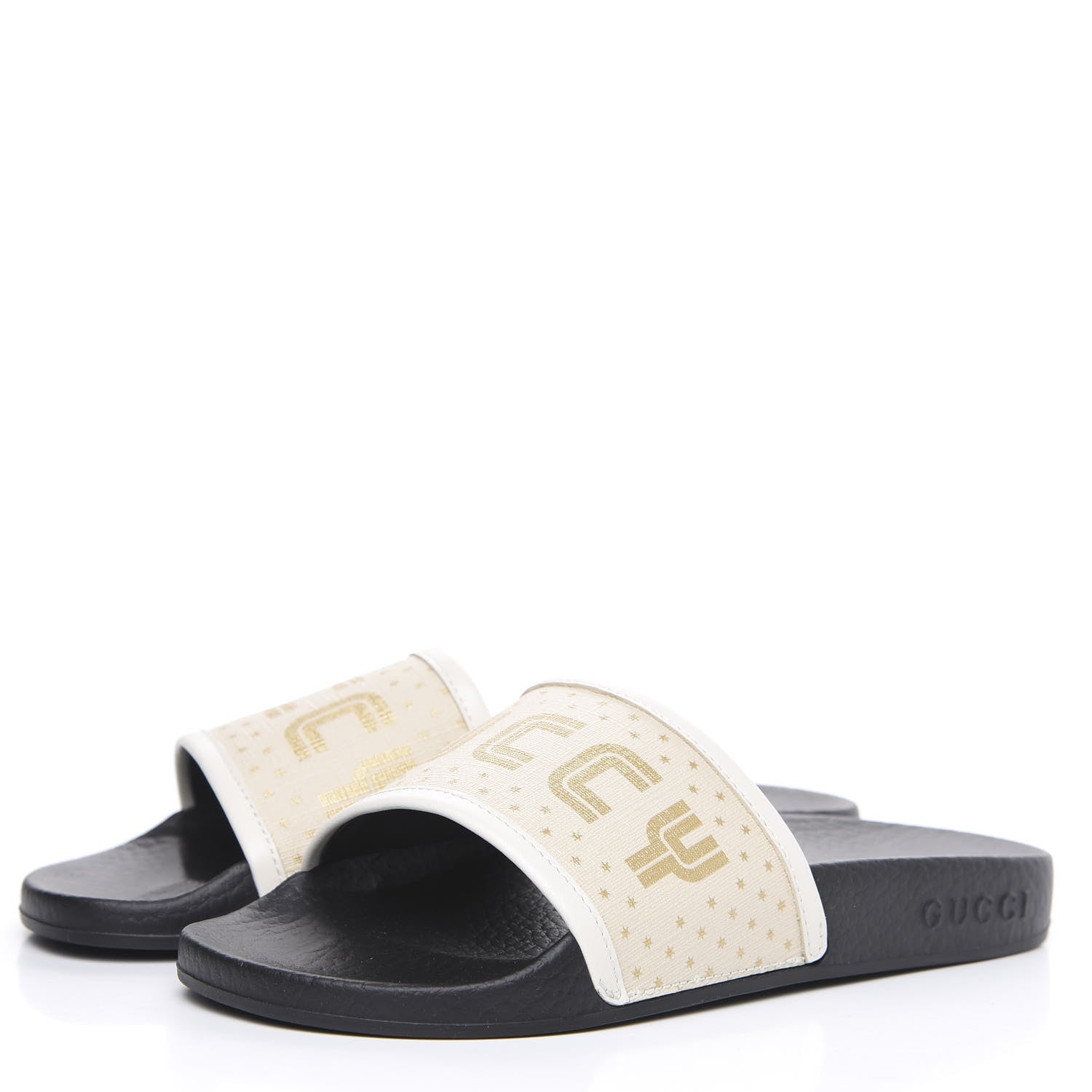 Gucci X SEGA Supreme Canvas GUCCY Stars Womens Slide Sandals 37 Mystic White Gold 2 of 6