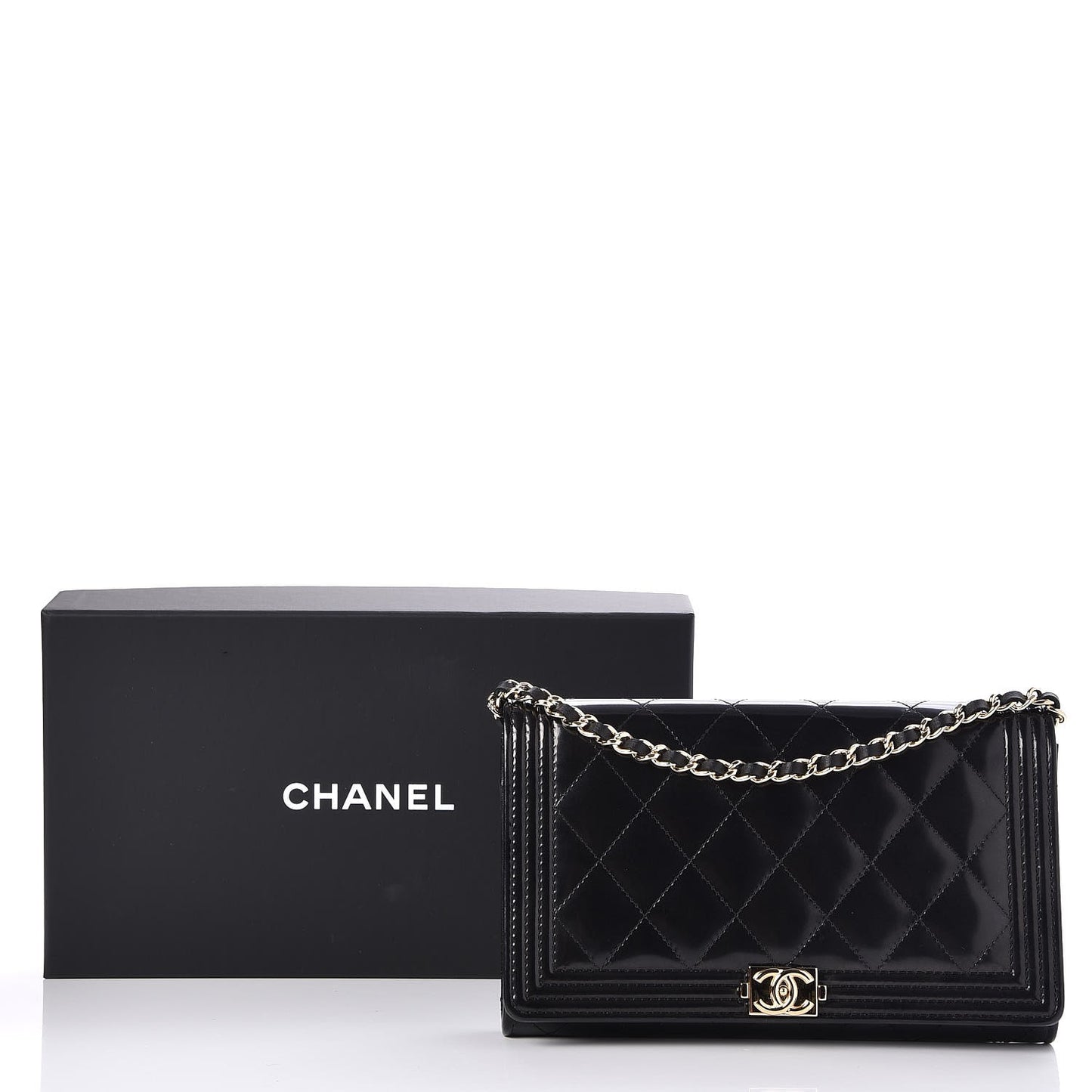Patent Calfskin Quilted Boy Wallet on Removable Chain Black