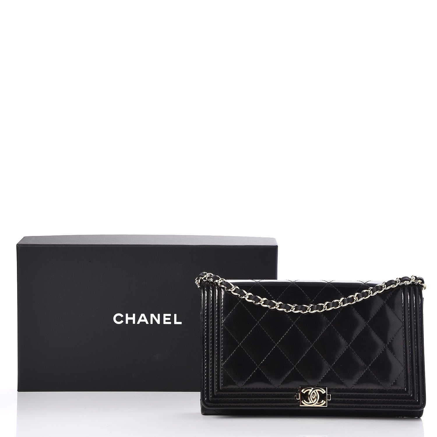 Chanel Patent Calfskin Quilted Boy Wallet on Removable Chain Black 9 of 9