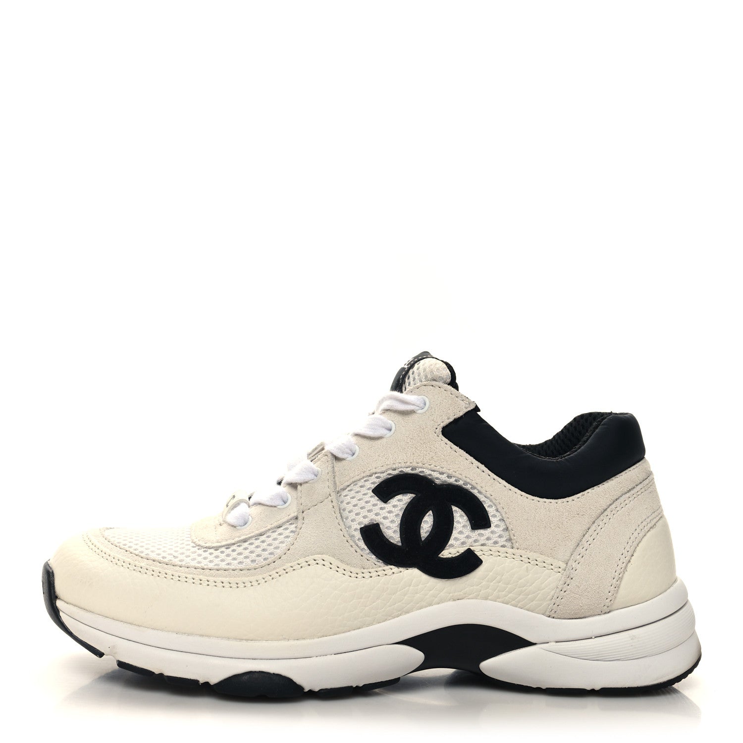 Chanel Mesh Suede Calfskin Grained Calfskin Womens CC Sneakers 38.5 White Black 1 of 8