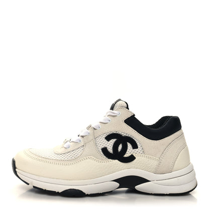 Chanel Mesh Suede Calfskin Grained Calfskin Womens CC Sneakers 38.5 White Black 1 of 8