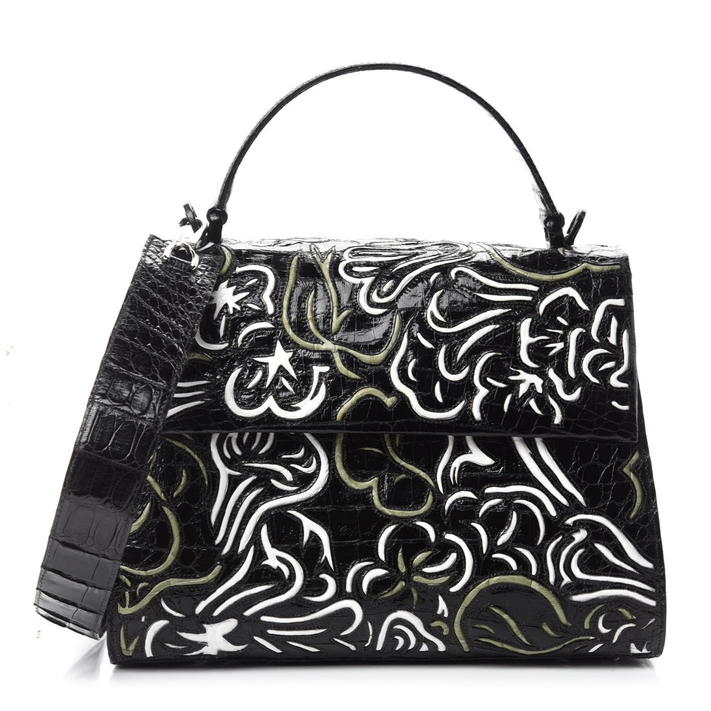 Crocodile Medium Floral Lexi Top Handle Bag Black Multicolor