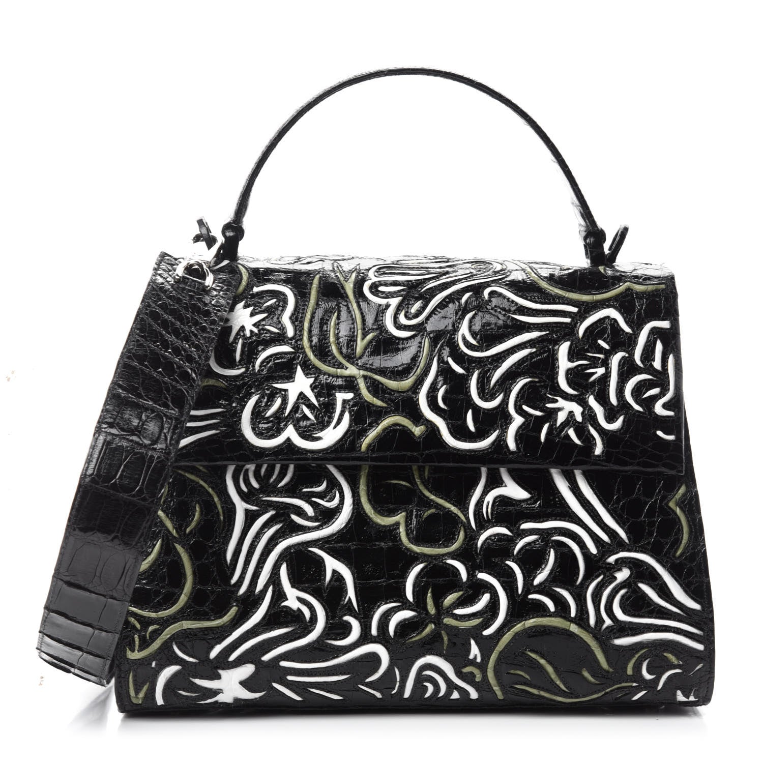 Nancy Gonzalez Crocodile Medium Floral Lexi Top Handle Bag Black Multicolor 1 of 10
