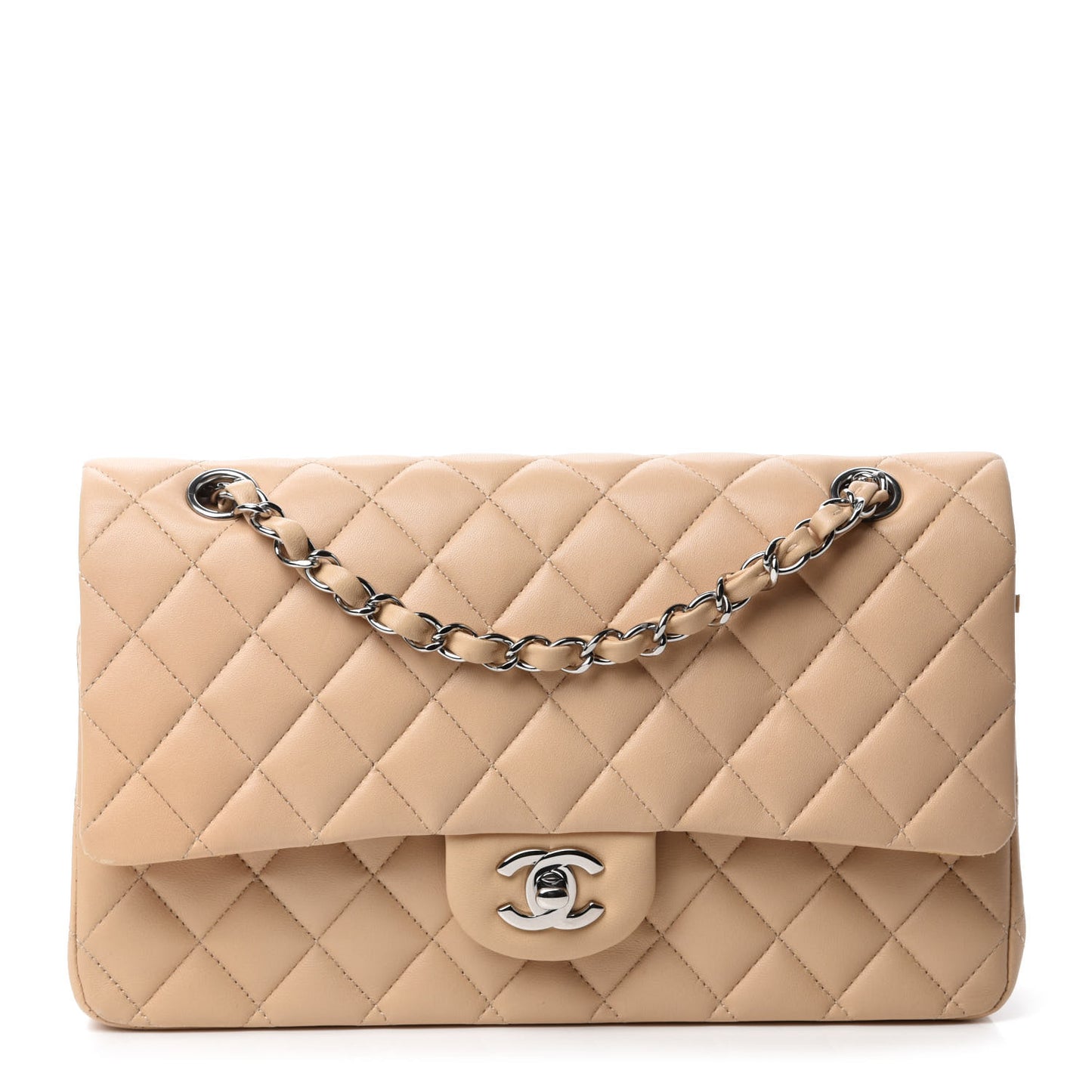 Lambskin Quilted Medium Double Flap Beige