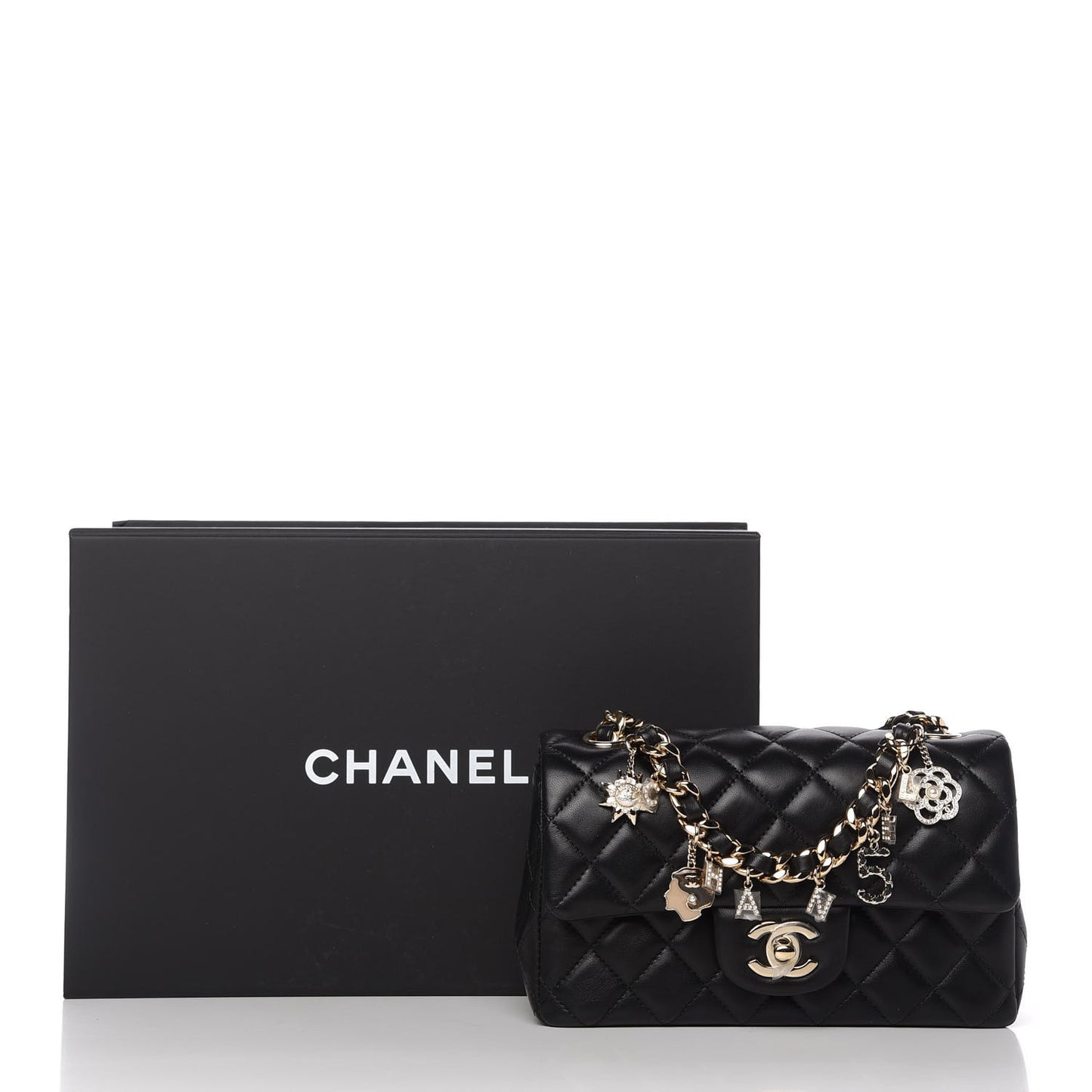 Lambskin Quilted Mini Coco Charms Rectangular Flap Black