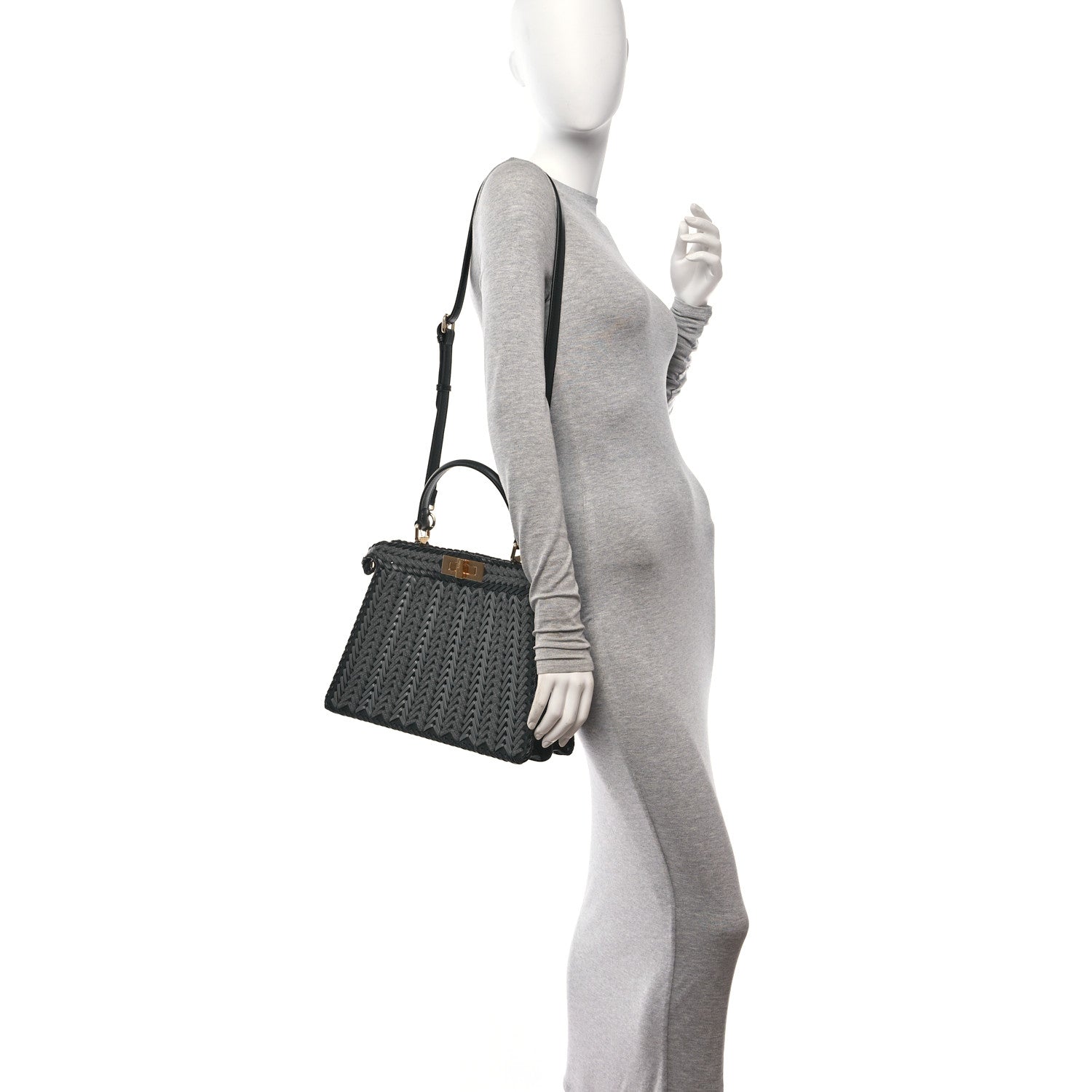 Fendi Vitello Shiny Nappa Woven Medium Peekaboo I SEE U Satchel Carbone Slate 2 of 10