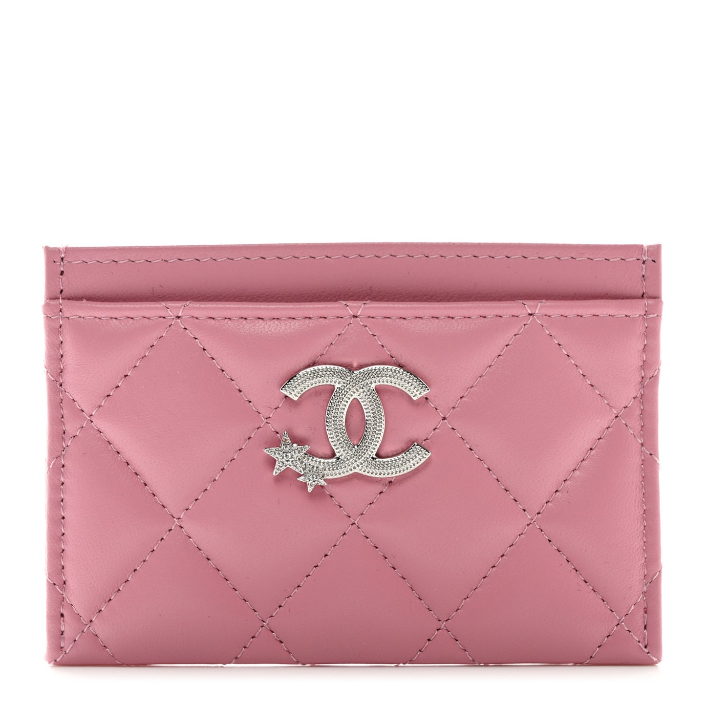 Lambskin Quilted Crystal Star Card Holder Pink