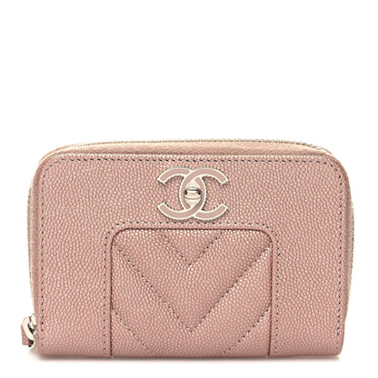 Chanel Metallic Caviar Chevron Quilted Vintage Mademoiselle Zip Coin Purse Pink 1 of 10