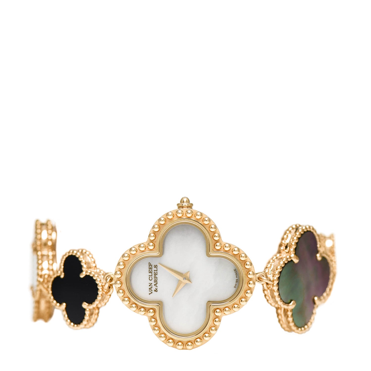 Van Cleef & Arpels 18K Yellow Gold Mother of Pearl Black Onyx 26mm Alhambra Quartz Watch 2 of 5