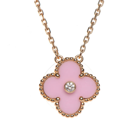 Van Cleef & Arpels 18K Rose Gold Diamond Pink Porcelain Vintage Alhambra Pendant Necklace 4 of 8