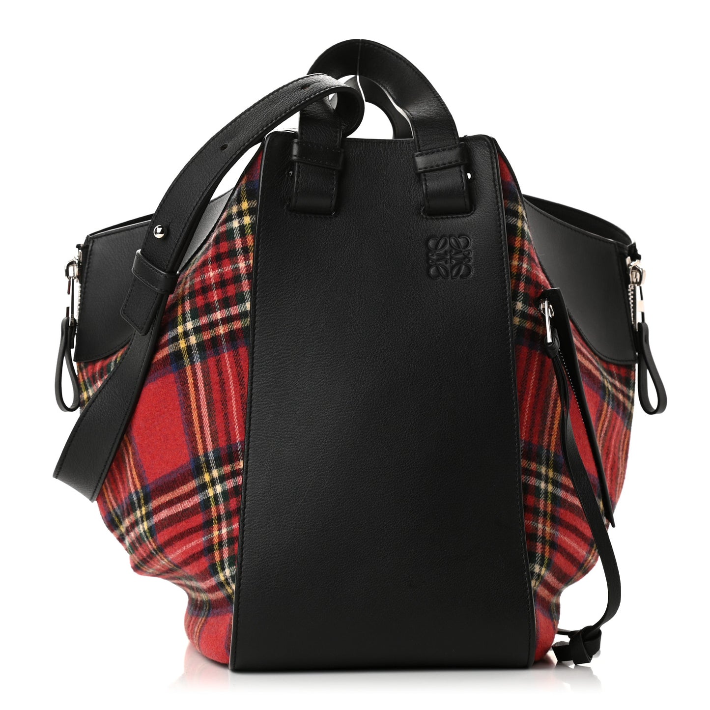 Wool Calfskin Medium Hammock Shoulder Bag Black Red Tartan