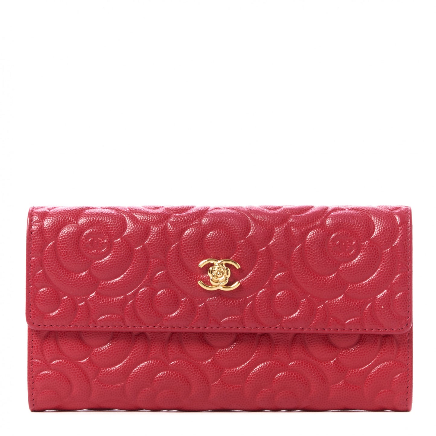 Caviar Camellia Embossed Flap Wallet Fuschia