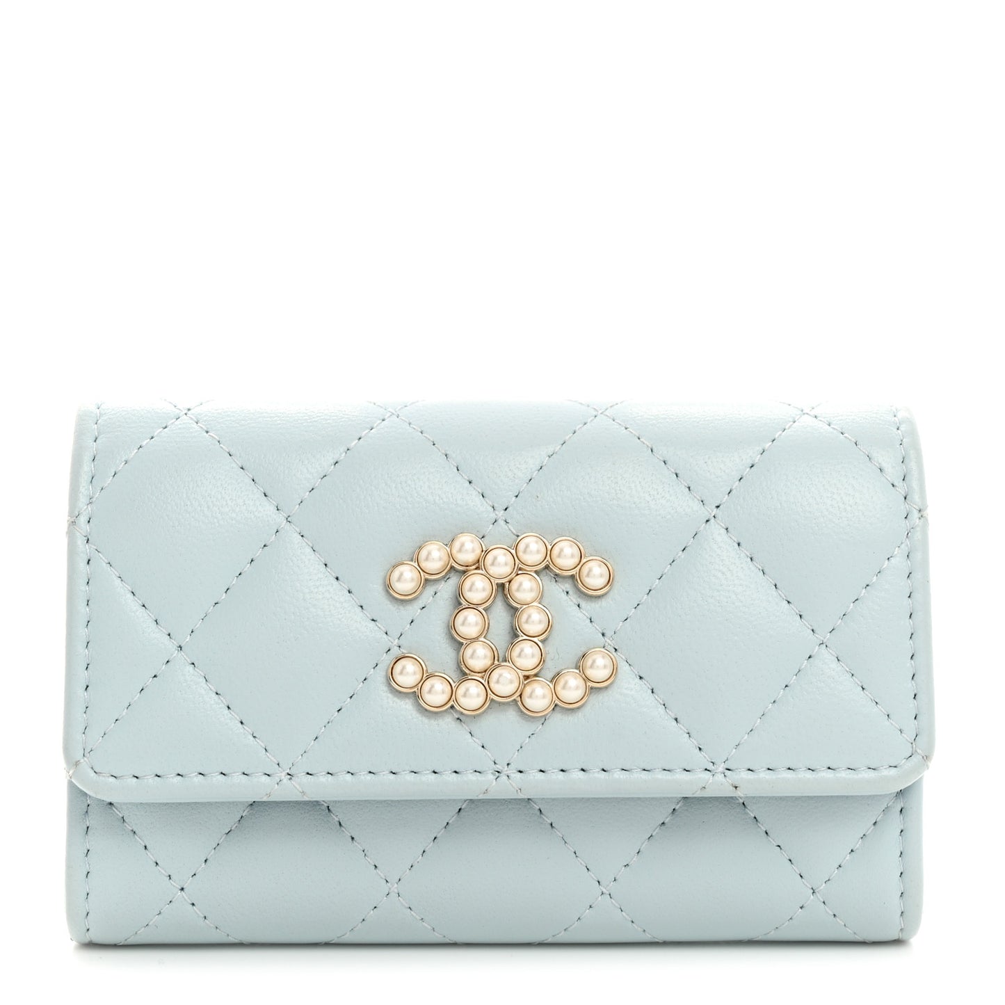 Lambskin Quilted Pearl CC Chanel Flap Card Holder Light Blue