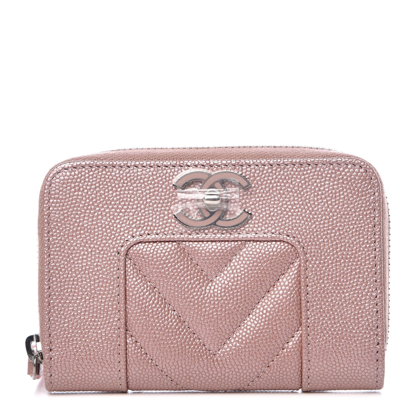 Metallic Caviar Chevron Quilted Vintage Mademoiselle Zip Coin Purse Pink
