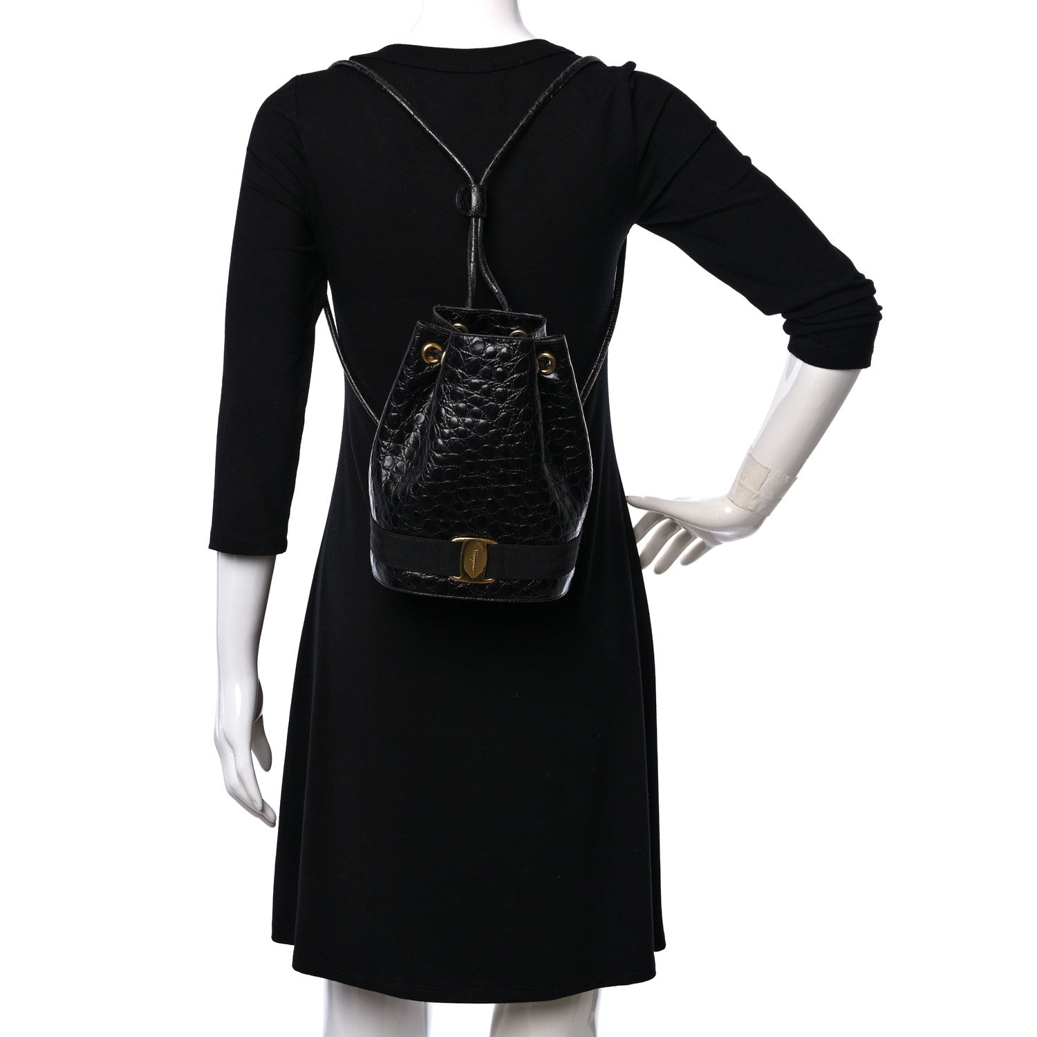 Salvatore Ferragamo Calfskin Crocodile Embossed Vara Bow Bucket Bag Black 2 of 8