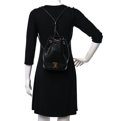 Salvatore Ferragamo Calfskin Crocodile Embossed Vara Bow Bucket Bag Black 2 of 8