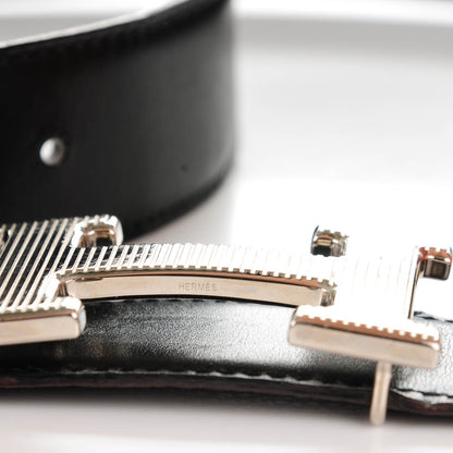 Hermes Box Togo Strie 32mm H Belt 80 Black Chocolate 6 of 6