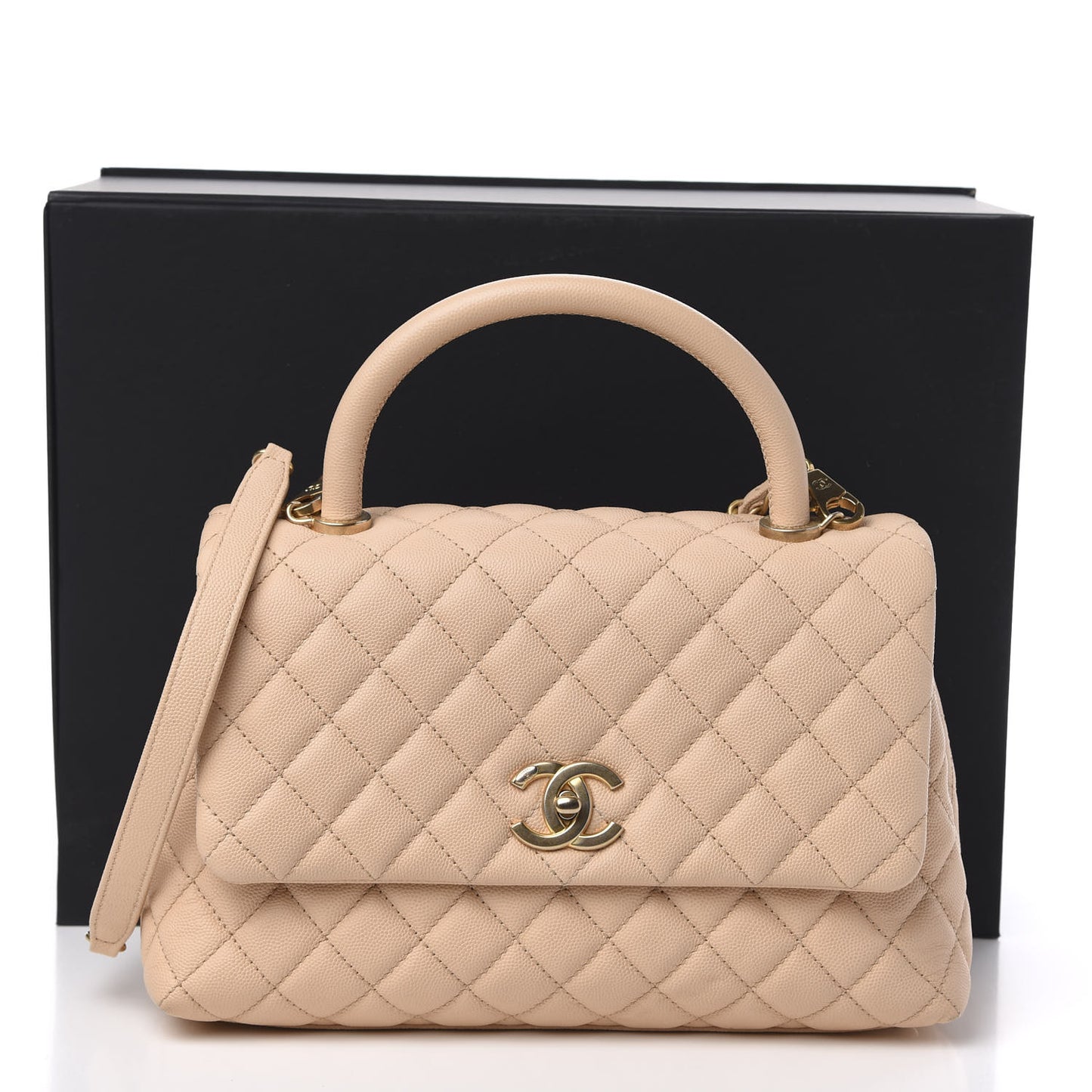 Caviar Quilted Small Coco Handle Flap Beige