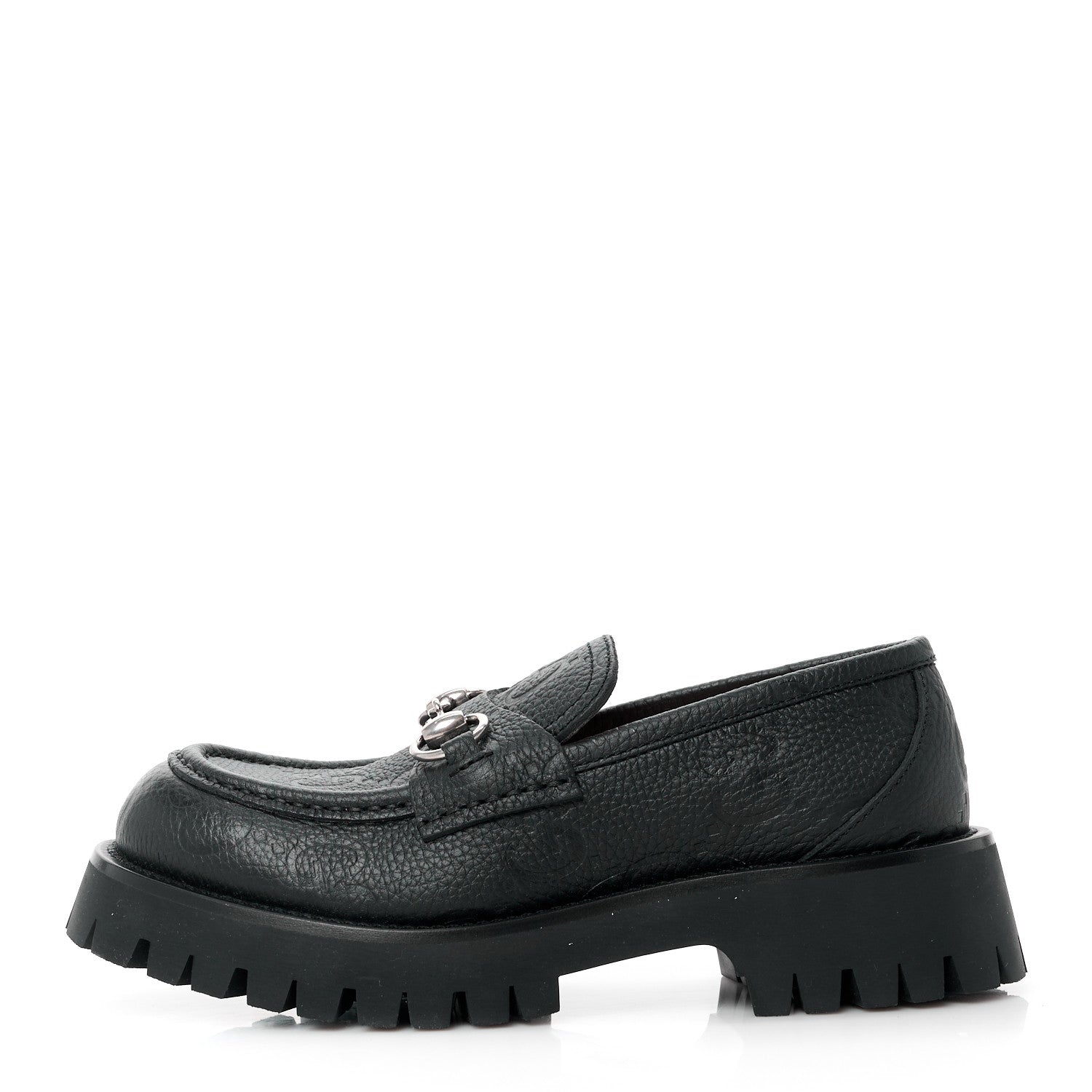 Gucci Piuma Calfskin Embossed Womens Platform Lug Sole Loafers 37.5 Black 1 of 10
