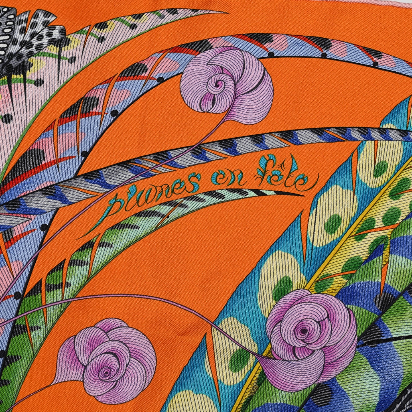 Silk Plumes En Fete Scarf 90 Orange Bleu Rose
