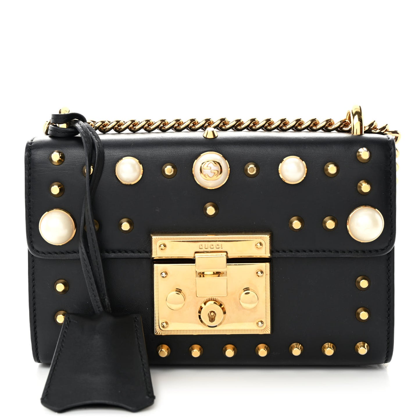 Calfskin Studded Small Padlock Shoulder Bag Black