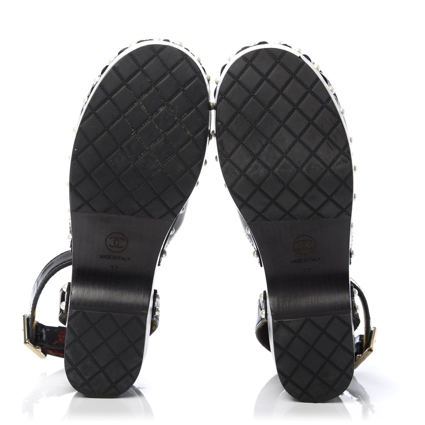 Patent Calfskin Pearl Ankle Strap Clogs 37 Black