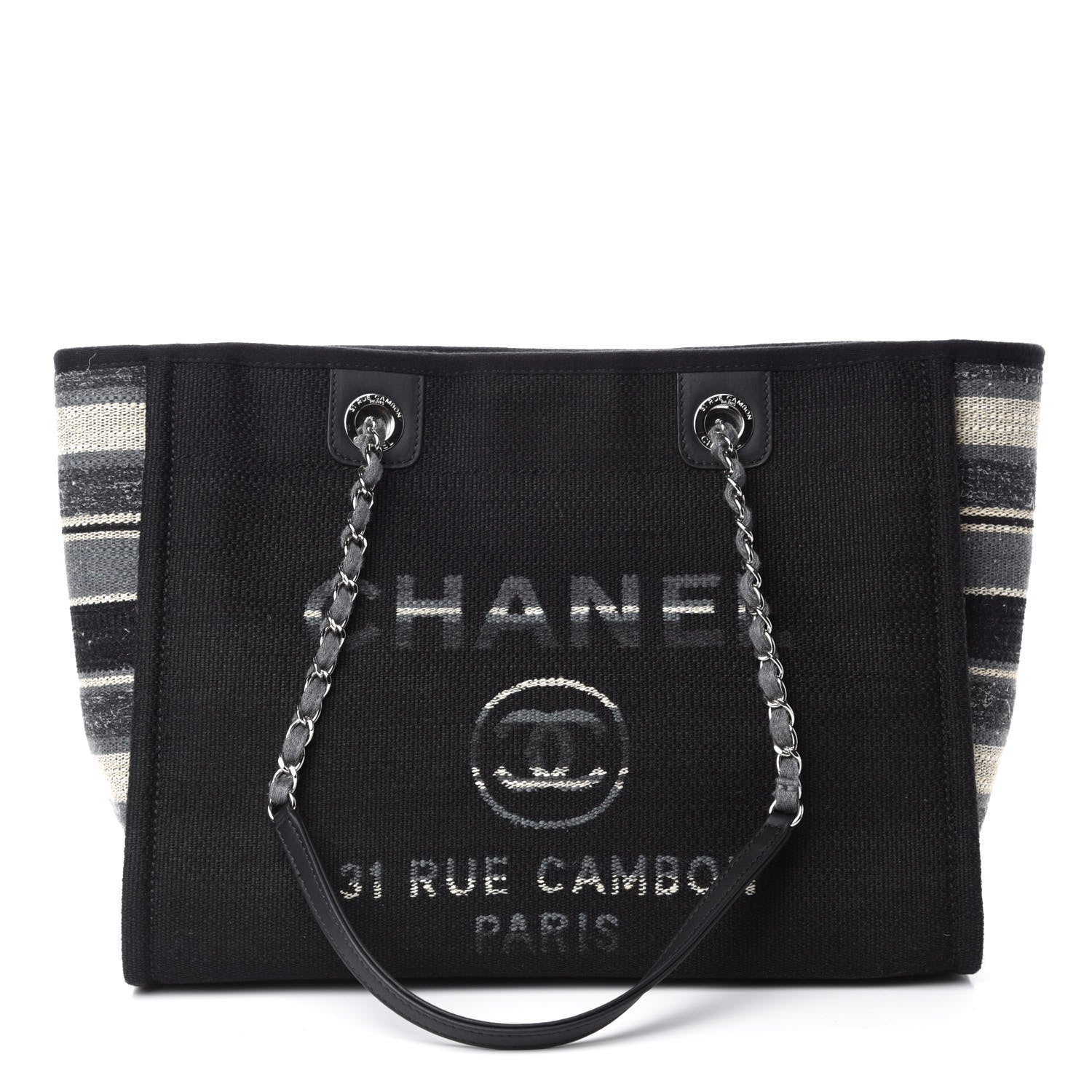 Chanel Striped Canvas Small Deauville Tote Grey Black 1 of 10