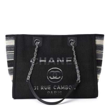 Chanel Striped Canvas Small Deauville Tote Grey Black 1 of 10