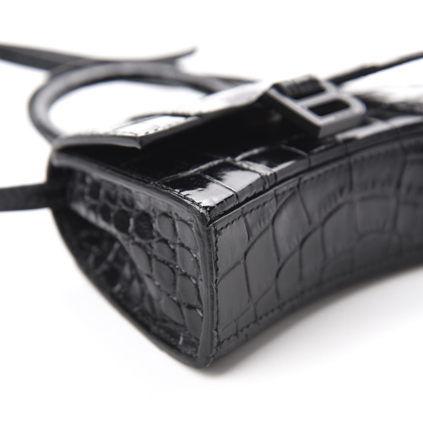 Shiny Calfskin Monochrome Crocodile Embossed Hourglass Top Handle Bag Mini Black