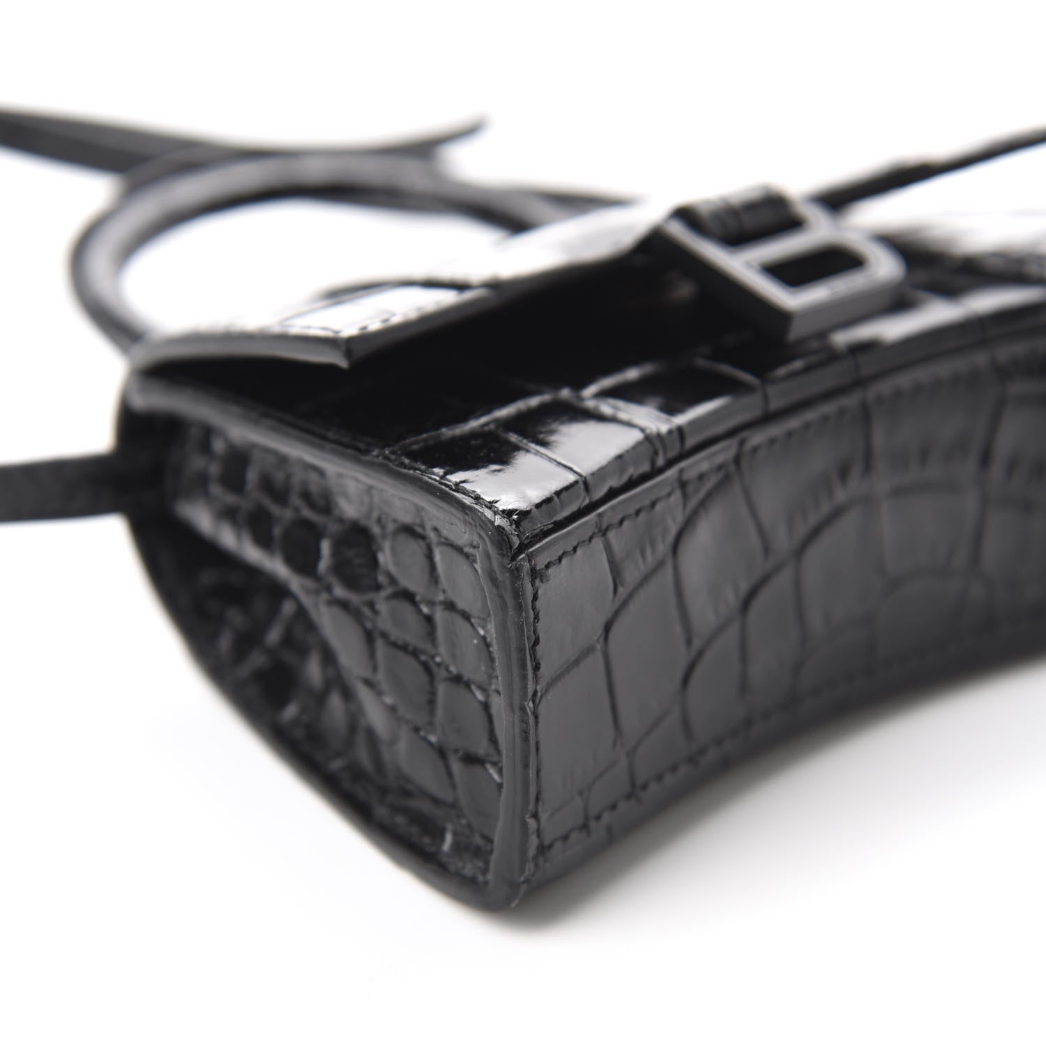 Balenciaga Shiny Calfskin Monochrome Crocodile Embossed Hourglass Top Handle Bag Mini Black 6 of 10