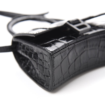 Balenciaga Shiny Calfskin Monochrome Crocodile Embossed Hourglass Top Handle Bag Mini Black 6 of 10
