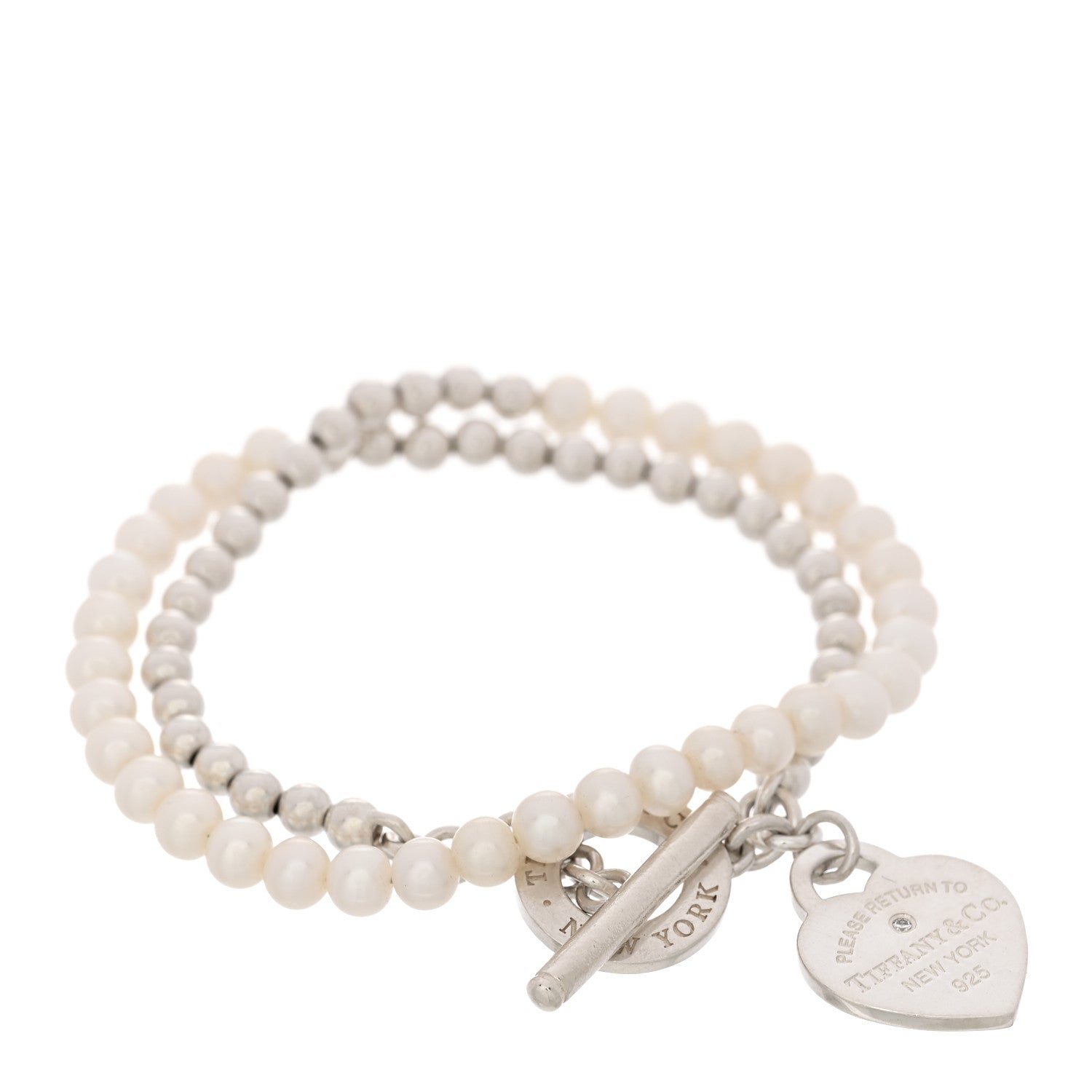 Tiffany Sterling Silver Pearl Diamond Return to Tiffany Wrap Bead Bracelet 1 of 3