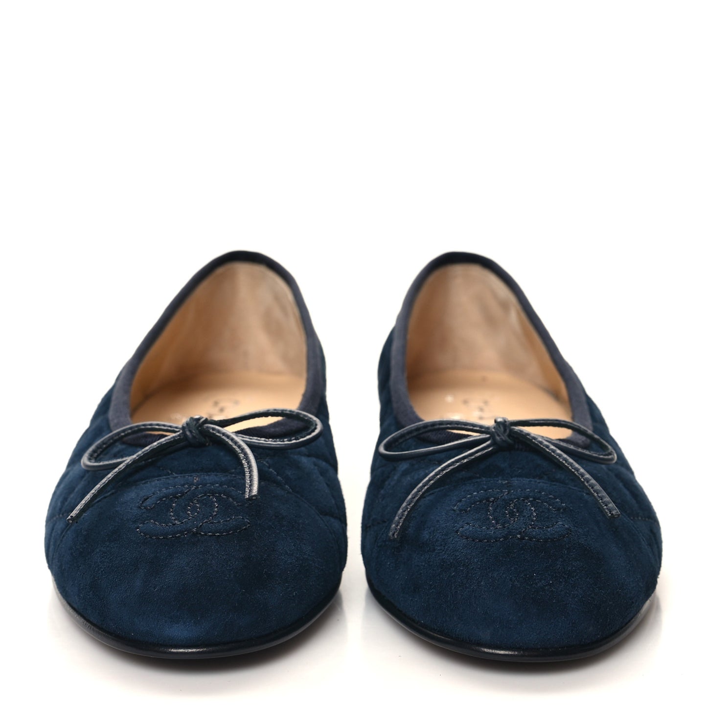 Suede Calfskin Quilted Cap Toe CC Ballerina Flats 38 Navy