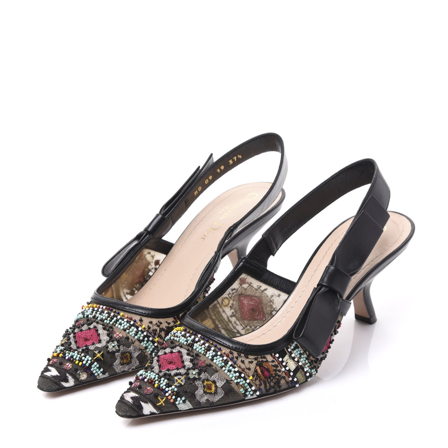 Calfskin Embroidered Beaded Sweet D Slingback Pumps 37.5 Black Turquoise