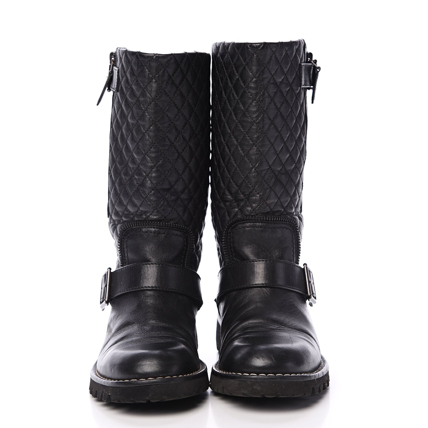 Calfskin Quilted Biker Boots 36.5 Black