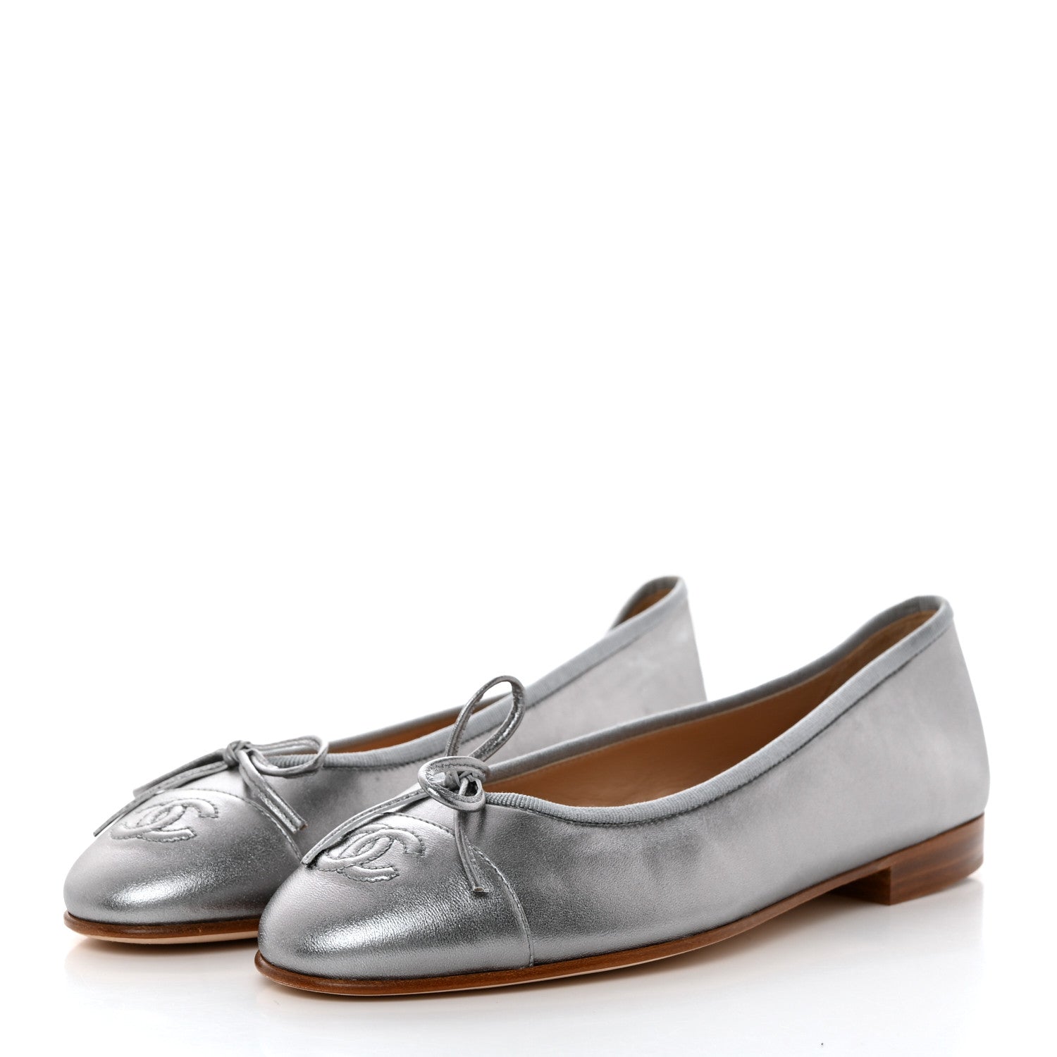 Chanel Metallic Lambskin CC Cap Toe Ballerina Flats 37 Silver 3 of 9