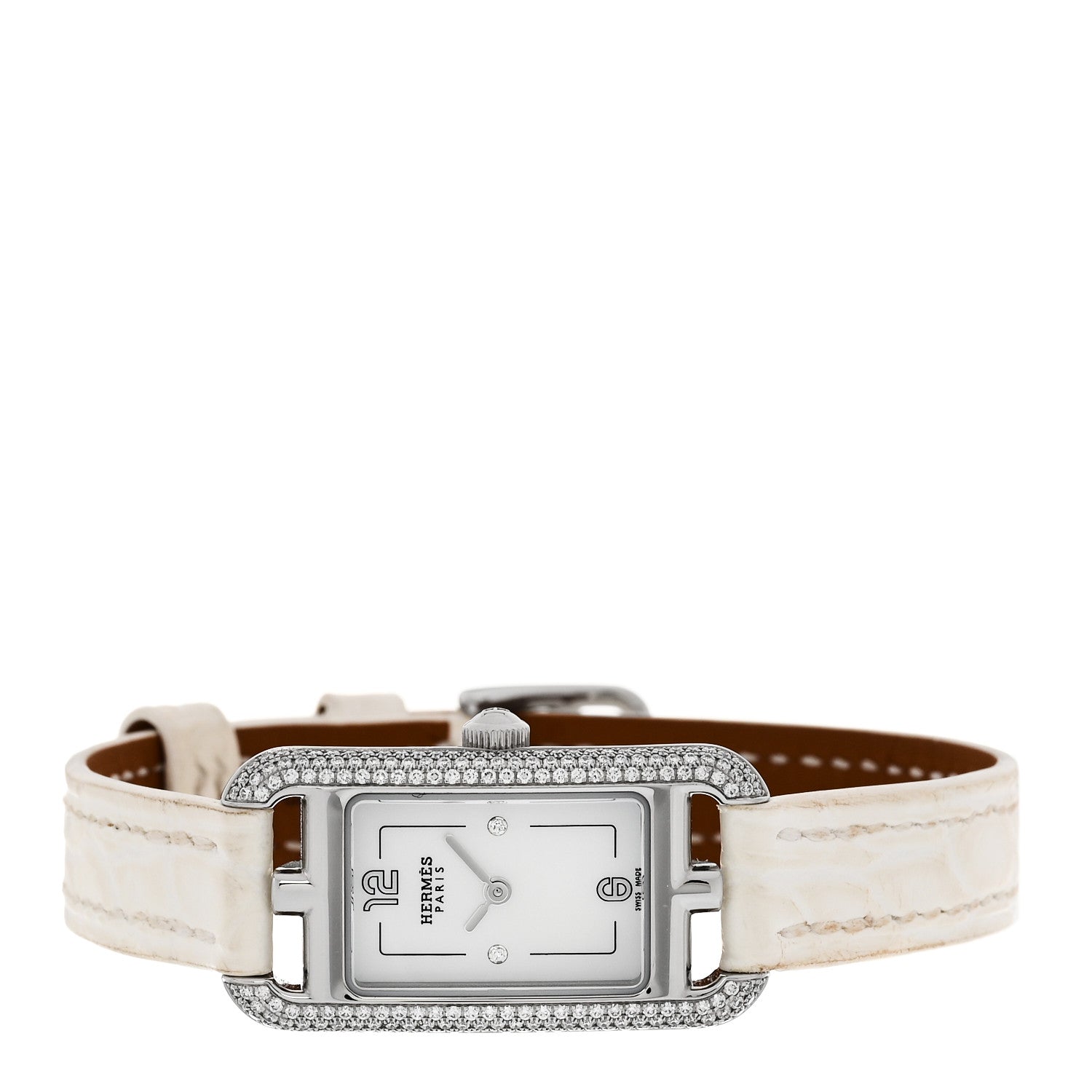 Hermes Stainless Steel Alligator Diamond Bezel Mother of Pearl 17mm Nantucket Quartz Watch Blanc 2 of 5