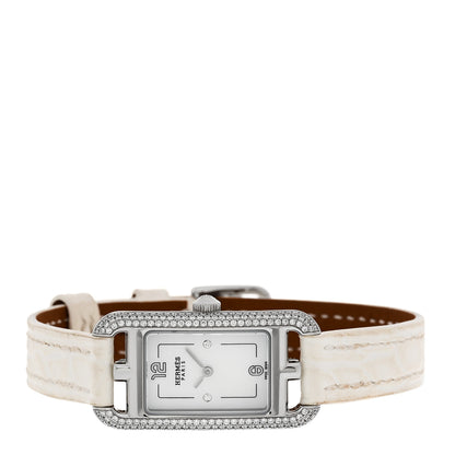 Hermes Stainless Steel Alligator Diamond Bezel Mother of Pearl 17mm Nantucket Quartz Watch Blanc 2 of 5