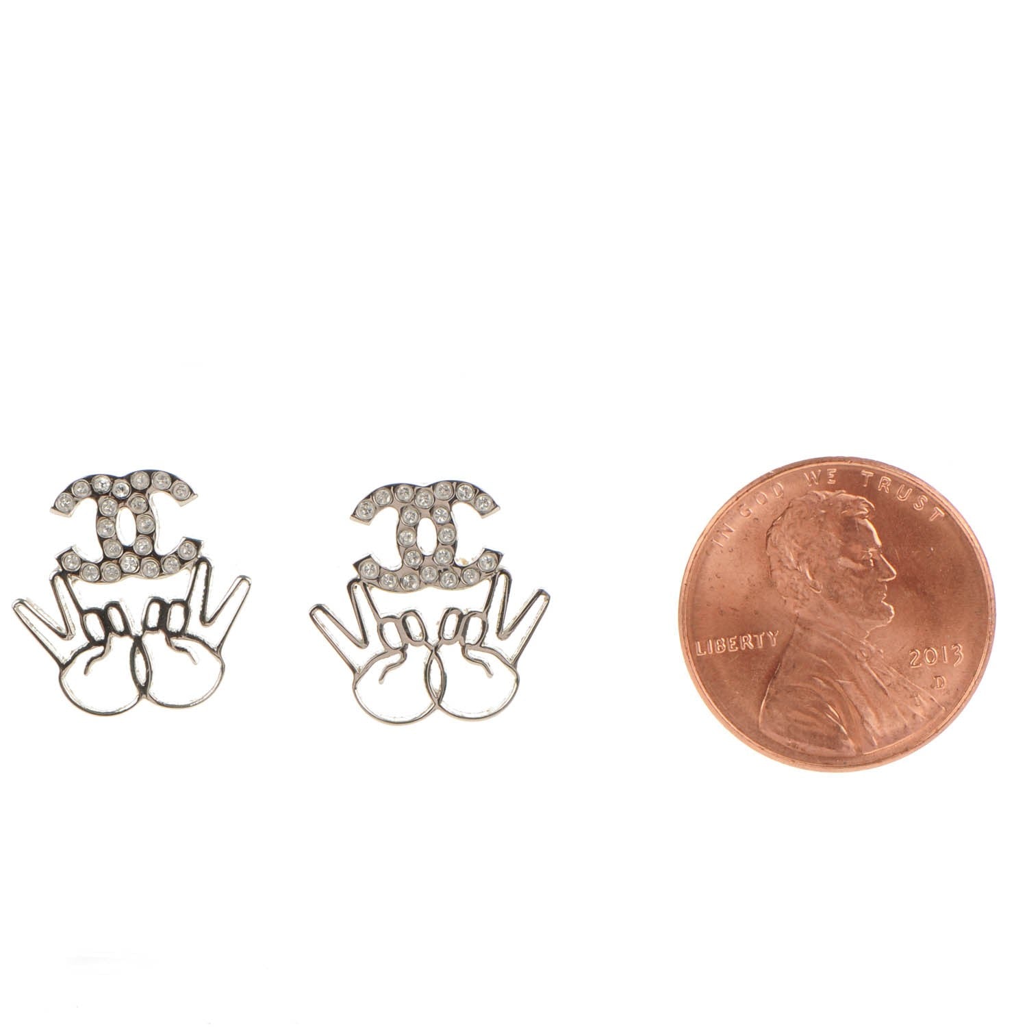 Chanel Crystal CC Peace Sign Emoji Earrings Silver 2 of 5