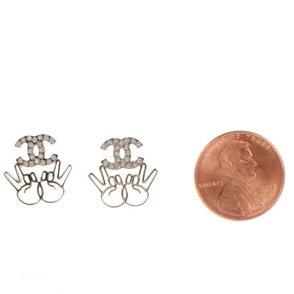 Chanel Crystal CC Peace Sign Emoji Earrings Silver 2 of 5