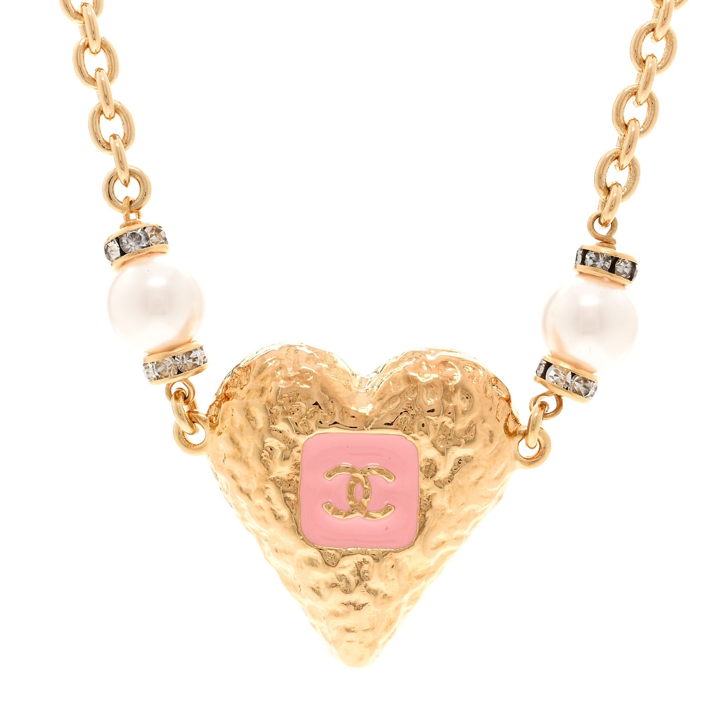 Resin Crystal Pearl Chain Heart CC Pendant Choker Necklace Pink White Gold