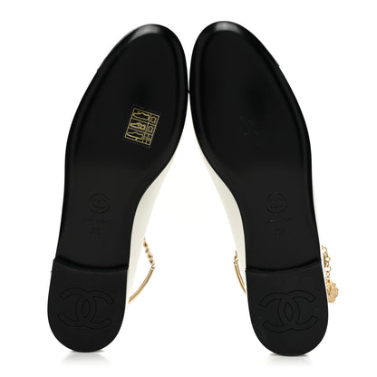 Chanel Lambskin Patent Calfskin Cap Toe Ankle Chain Ballerina Flats 36 White Black 5 of 9