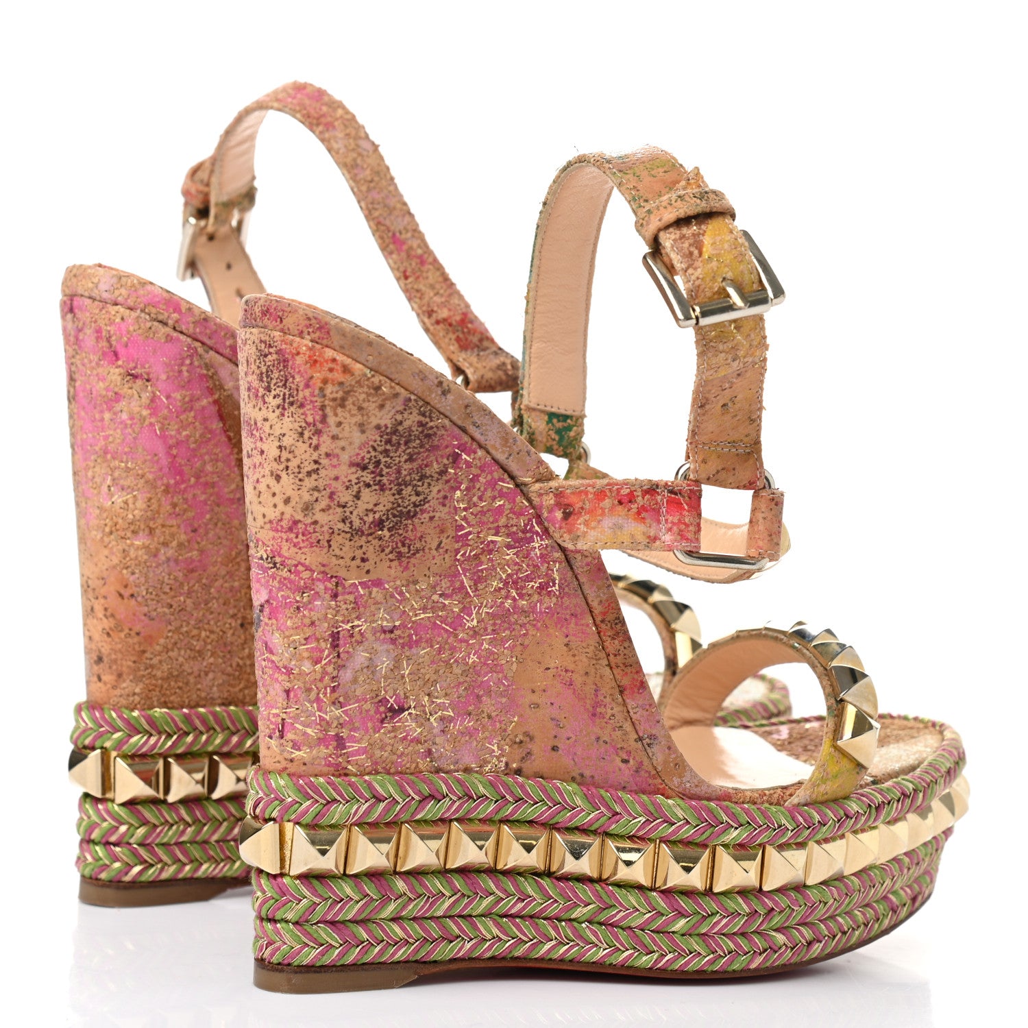 Christian Louboutin Cork Bloom Print Cataclou 140 Wedge Sandals 35 Multicolor Light Gold 4 of 8
