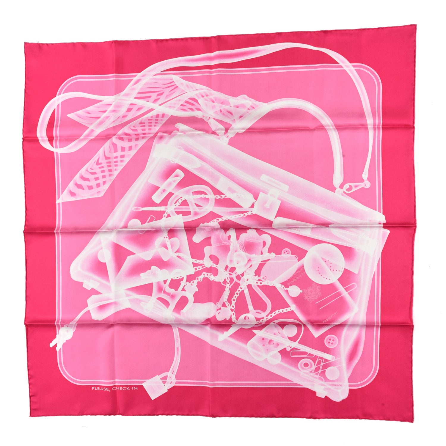 Hermes Silk Please Check In Scarf 90 Rose Vif Rose Bonbon 1 of 6