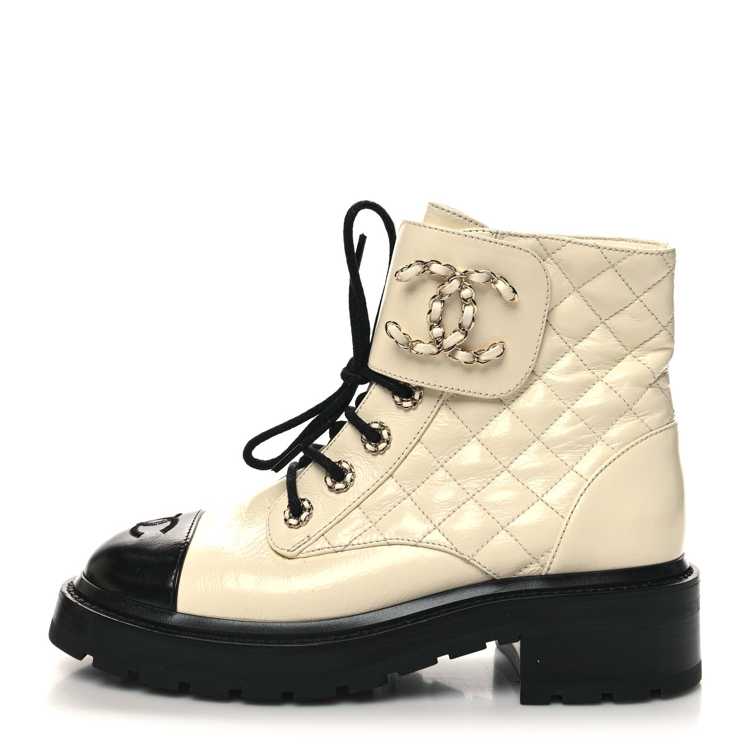 Chanel Shiny Calfskin Quilted Lace Up Combat Boots 37.5 Ivory Black 1 of 9