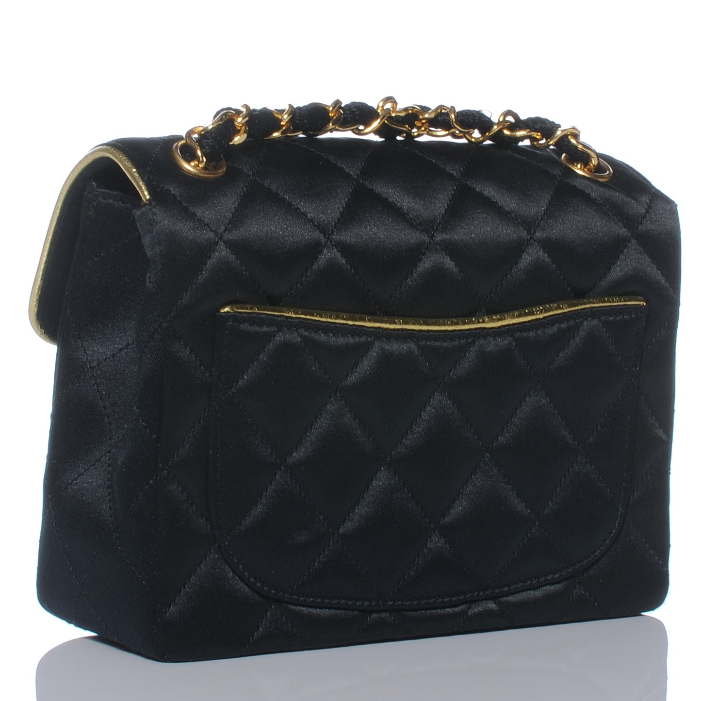 Satin Quilted Mini Flap Black Gold