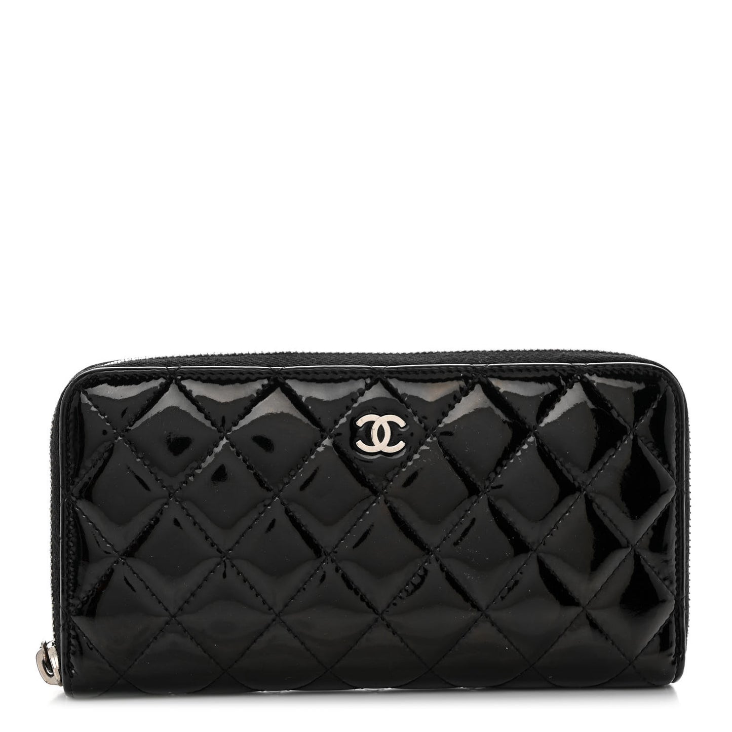 Patent Quilted Zip Around Wallet Black